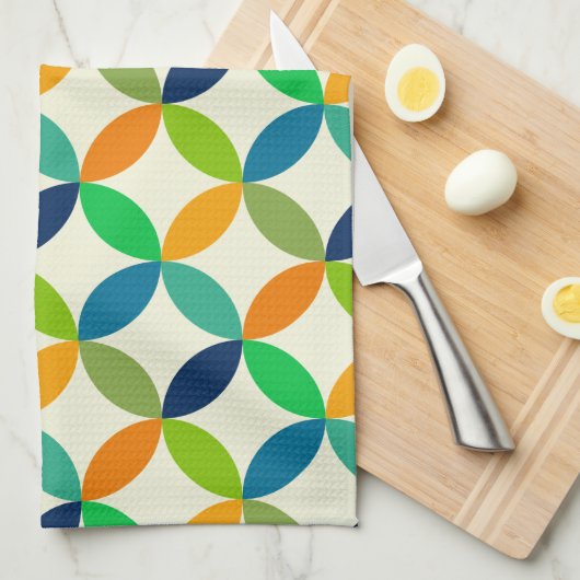 Mid Century Circles Groen Blauw Sinaasappel Theedoek (Quarter Fold)