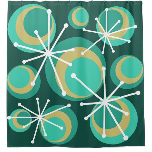 Mid Century Circles Starburgs Blauwgroen Douchegordijn (Voorkant)