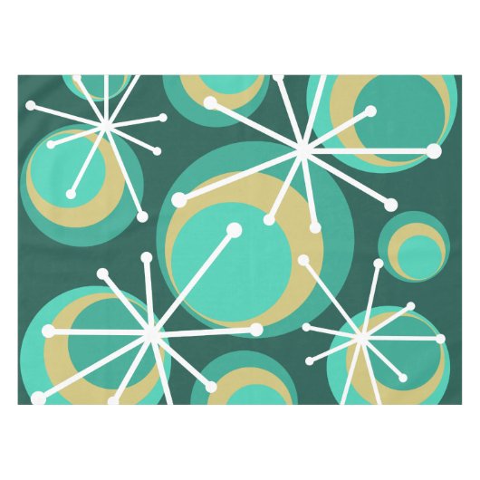 Mid Century Circles Starburgs Blauwgroen Tafelkleed (Voorkant (Horizontaal))