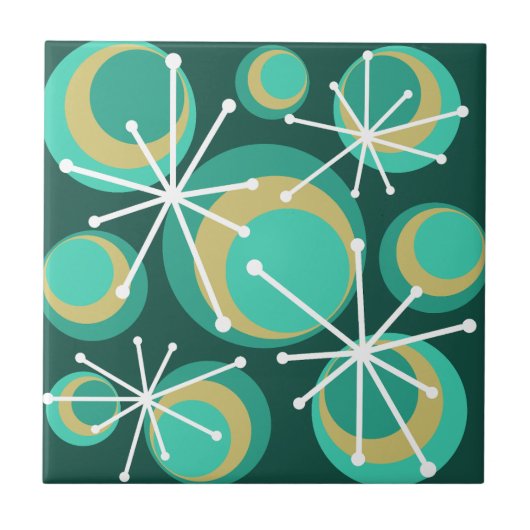 Mid Century Circles Starburgs Blauwgroen Tegeltje (Voorkant)