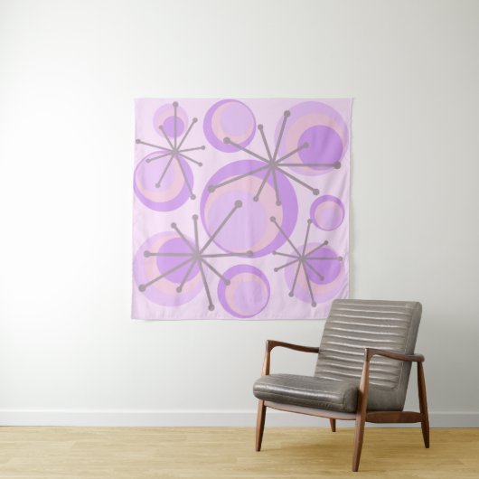 Mid Century Circles Starbursts Lavender Wandkleed (In Situ (horizontaal))