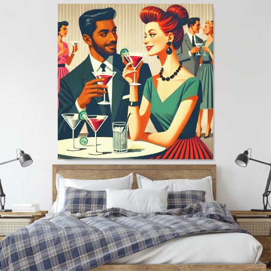Mid Century Cocktail Party Couples - First Date Canvas Afdruk (Insitu (Slaapkamer))