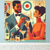Mid Century Cocktail Party Couples - Soirée Hosts Canvas Afdruk (Insitu (Houten vloer))