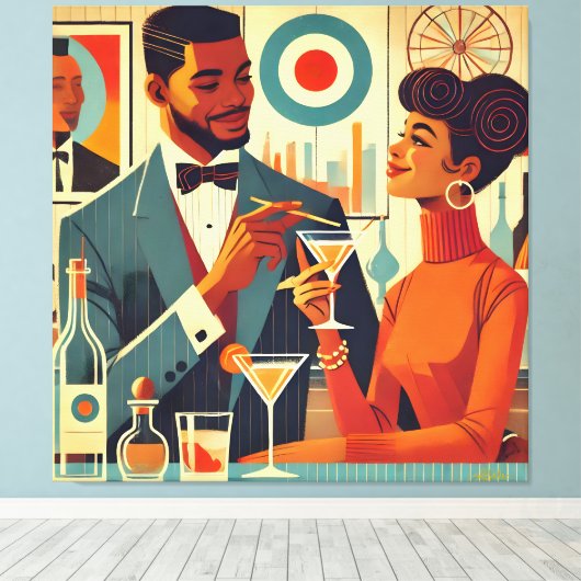 Mid Century Cocktail Party Couples - Soirée Hosts Canvas Afdruk (Insitu (Houten vloer))