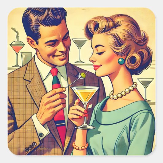 Mid Century Cocktail Party Couples - Temptation Vierkante Sticker (Voorkant)
