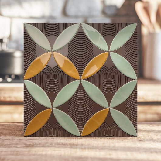 Mid-Century Crescent en Wave in Mint en Mosterd Tegeltje