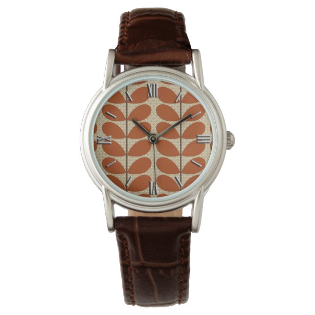 Mid Century Danish Leaves, Rust Brown en Beige Horloge (Voorkant)