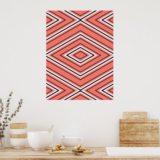 Mid Century Diamond Pattern Coral, zwart en wit Poster (Keuken)