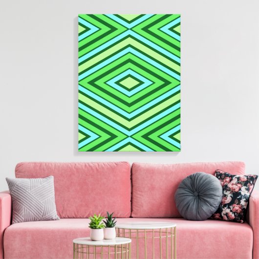 Mid Century Diamond Pattern Jade Green en Aqua Canvas Afdruk (Insitu (Woonkamer))