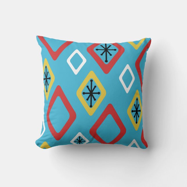 Mid Century Diamonds Blauw Rood Geel Kussen (Voorkant)