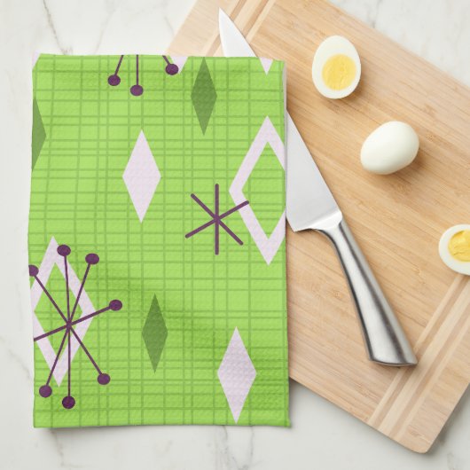 Mid Century Diamonds Starbursts Chartreuse Theedoek (Quarter Fold)