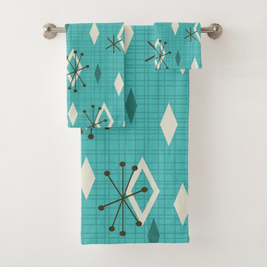 Mid Century Diamonds Starbursts Turquoise Bad Handdoek (Insitu)