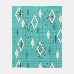 Mid Century Diamonds Starbursts Turquoise Fleece Deken