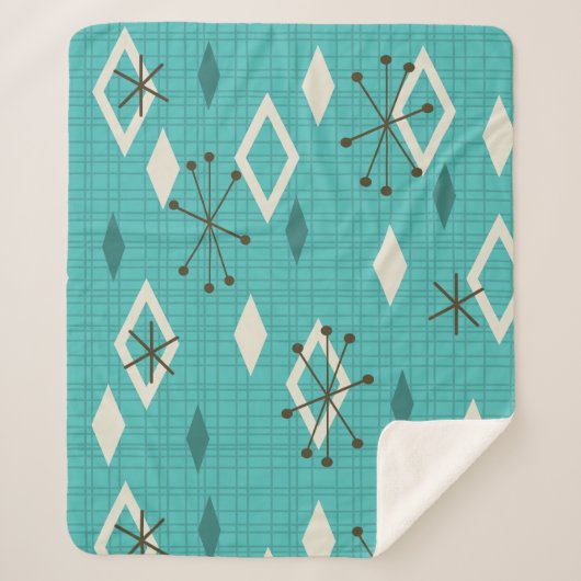 Mid Century Diamonds Starbursts Turquoise Sherpa Deken (Voorkant)