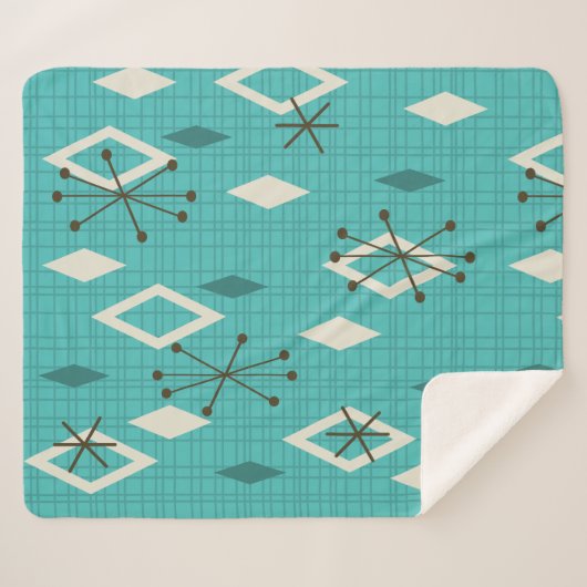 Mid Century Diamonds Starbursts Turquoise Sherpa Deken (Voorkant (horizontaal))