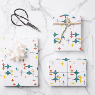 Mid Century Diamonds Starbursts Turquoise Sinaasap Inpakpapier Vel