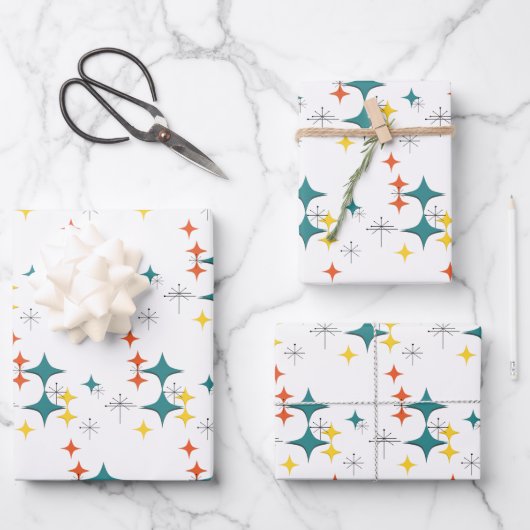 Mid Century Diamonds Starbursts Turquoise Sinaasap Inpakpapier Vel (Voorkant)