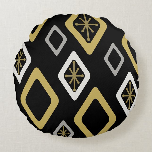 Mid Century Diamonds Zwart Goud Rond Kussen (Voorkant)