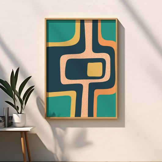 Mid Century Funky Abstract Blauwgroen, geel, Sinaa Poster