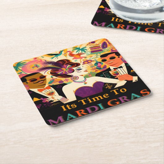 Mid Century Futuristische Mardi Gras Cocktail Part Kartonnen Onderzetters (Schuin)