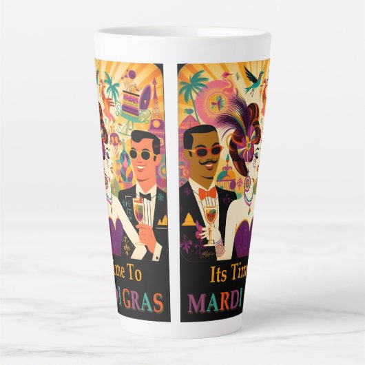 Mid Century Futuristische Mardi Gras Cocktail Part Latte Mok (Voorkant)
