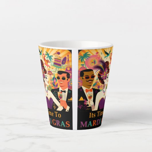 Mid Century Futuristische Mardi Gras Cocktail Part Latte Mok (Voorkant)