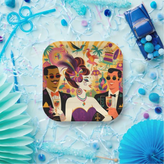 Mid Century Futuristische Mardi Gras Cocktail Part Papieren Bordje (Feest)