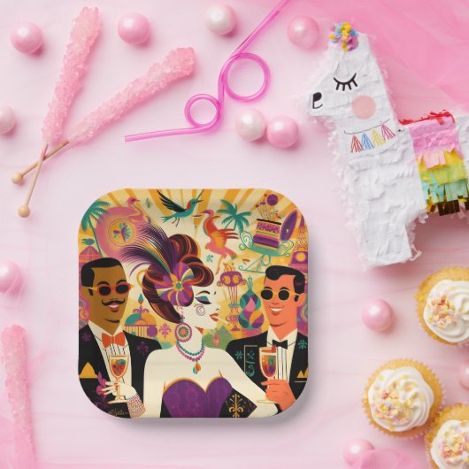 Mid Century Futuristische Mardi Gras Cocktail Part Papieren Bordje (Feest)