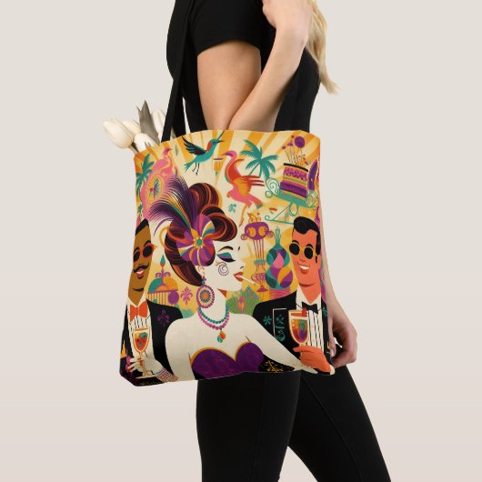 Mid Century Futuristische Mardi Gras Cocktail Part Tote Bag (Dichtbij)