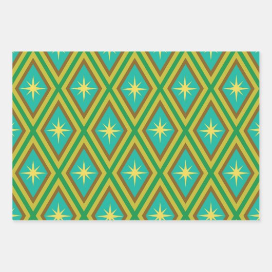 Mid Century Gele Sterren op Retro diamanten Patroo Inpakpapier Vel (Voorkant)