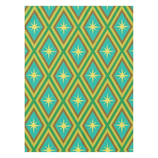 Mid Century Gele Sterren op Retro diamanten Patroo Tafelkleed (Voorkant)