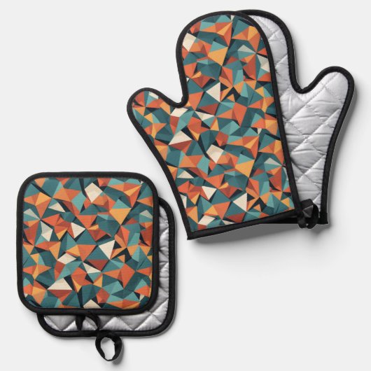 Mid-Century Geometric Teal & Orange Pattern Ovenwant & Pannenlap Set (Voorkant / Achterkant)