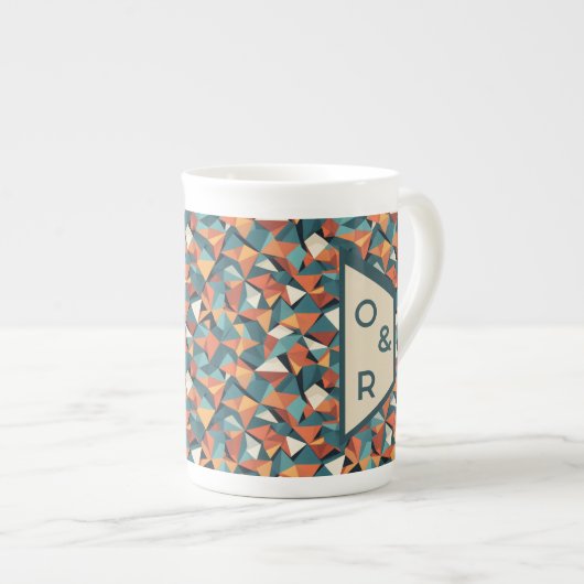 Mid-Century Geometric Teal & Orange Pattern Porselein Kop (Voorkant rechts)