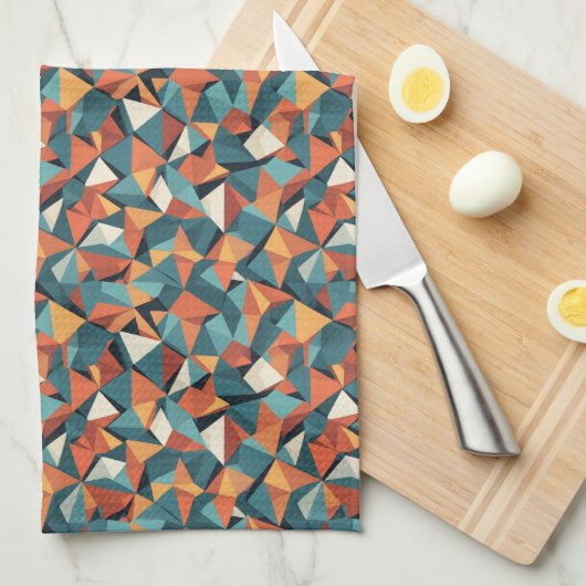 Mid-Century Geometric Teal & Orange Pattern Theedoek (Quarter Fold)