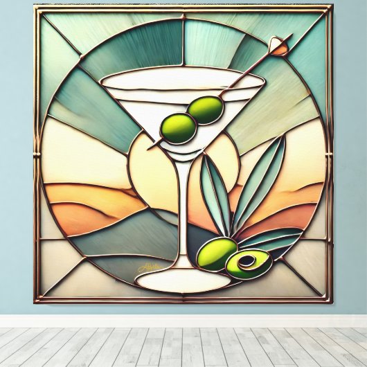 Mid Century Glas in lood 2 Olive Martini Canvas Afdruk (Insitu (Houten vloer))