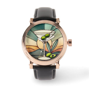 Mid Century Glas in lood 2 Olive Martini Horloge