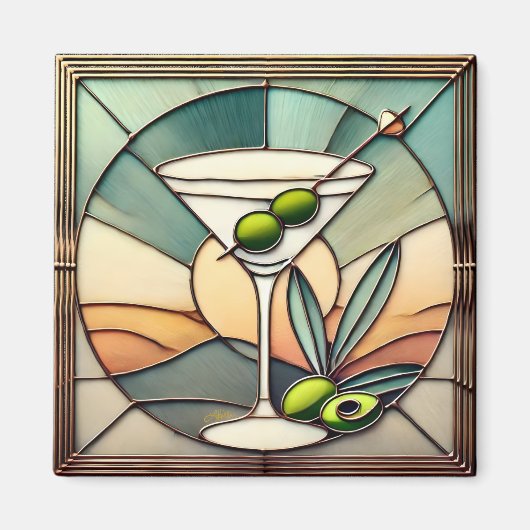 Mid Century Glas in lood 2 Olive Martini Magneet (Voorkant)