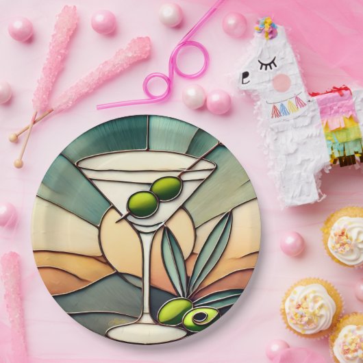 Mid Century Glas in lood 2 Olive Martini Papieren Bordje (Feest)