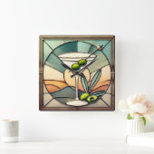 Mid Century Glas in lood 2 Olive Martini Vierkante Klok (Huis)