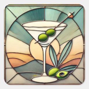 Mid Century Glas in lood 2 Olive Martini Vierkante Sticker