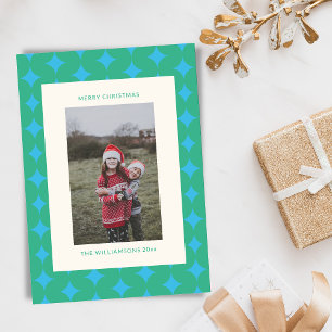 Mid Century Groen Blauw Geometrische Kerstfoto Feestdagenkaart