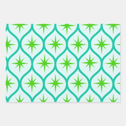 Mid Century Groene Starbursts op Ogee Pattern Inpakpapier Vel (Voorkant 3)