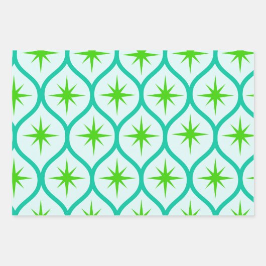 Mid Century Groene Starbursts op Ogee Pattern Inpakpapier Vel (Voorkant 2)