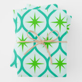 Mid Century Groene Starbursts op Ogee Pattern Inpakpapier Vel (In situ)