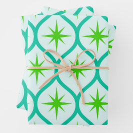 Mid Century Groene Starbursts op Ogee Pattern Inpakpapier Vel