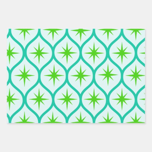 Mid Century Groene Starbursts op Ogee Pattern Inpakpapier Vel (Voorkant)