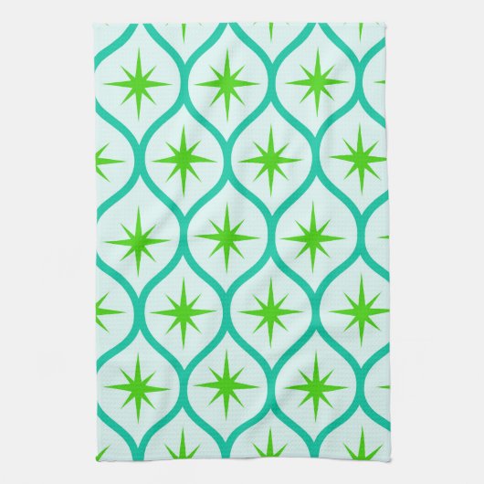 Mid Century Groene Starbursts op Ogee Pattern Theedoek (Verticaal)