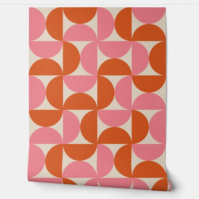 Mid Century Half Circles Roze en Sinaasappel Behang (Afrollen)