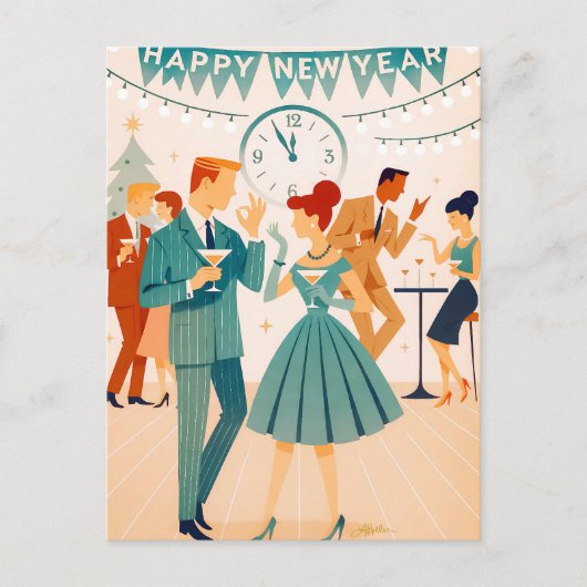 Mid Century Happy New Year The Martini Dance Briefkaart (Voorkant)
