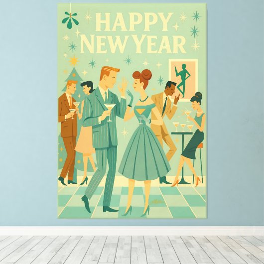 Mid Century Happy New Year The Martini Dance Canvas Afdruk (Insitu (Houten vloer))